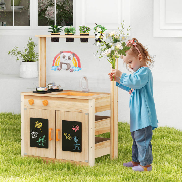 Costway Mud Kitchen For Kids With Planting Pots Stovetops Removable Sink Acrylic Panel