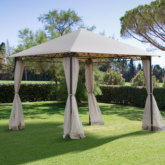 Outsunny 10' X 10' Gazebo Tent Shelter Art Steel Frame Flame-retardant Fabric With Mosquito Netting For Party Dinner Beige