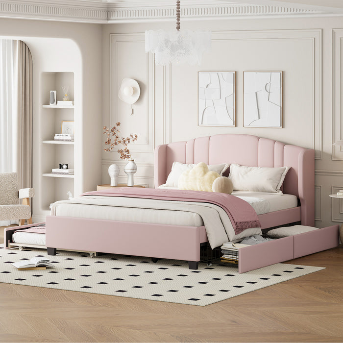 Jean Upholstered Platform Bed with Wingback Headboard and Storage Drawers,Queen Size,Pink Queen Bed