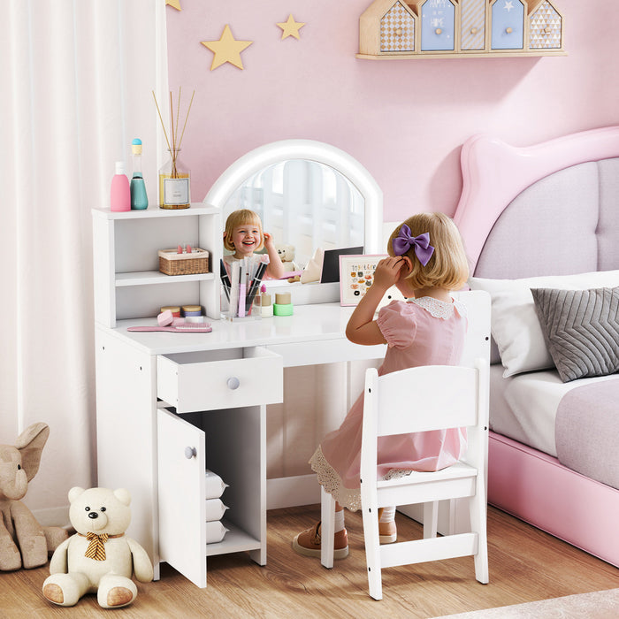 Qaba Kids Vanity Set with Lighted Mirror, Toddler Dressing Table and Chair Set with Cabinet, Drawer and Shelves, Pretend Makeup Playset for Girls 3-8 Years Old, White