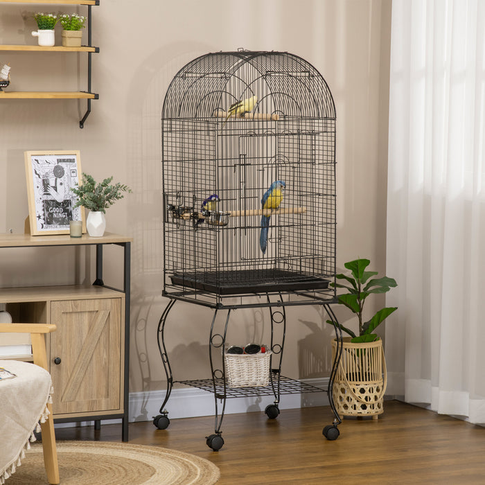 Pawhut 60\" Bird Cage With Openable Top, Large Parrot Cage With Rolling Stand, Wheels, Removable Tray, Bowls, Storage Shelf For Cockatie, Sun Conure, Black