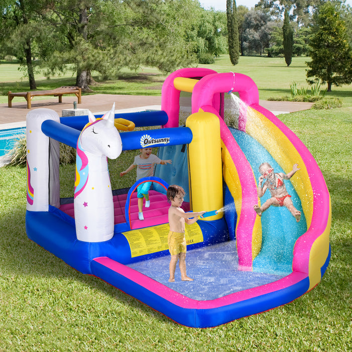 Outsunny Kids Bouncy House Inflatable Trampoline Water Slide Pool Bounce Castle Climbing Wall 5 In 1 With Inflator For Kids Age 3-8 Summer 12.4' X 10.5' X 6.9'