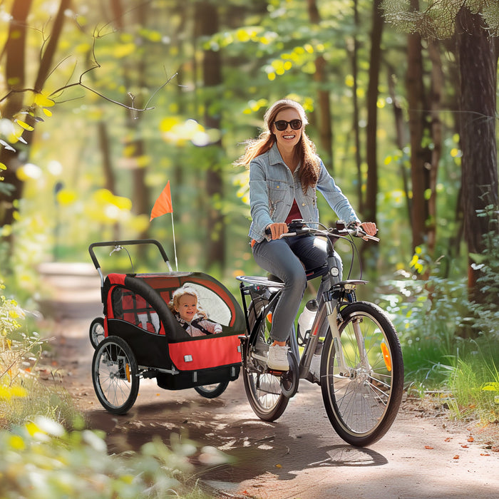 Aosom 2-Seat Bike Trailer for Kids, 2-in-1 Baby Stroller Bicycle Trailer 88 lbs Load with 5-Point Harness, Rubber Wheels, Storage, Safety Flag, Reflectors, Foldable Frame, Red