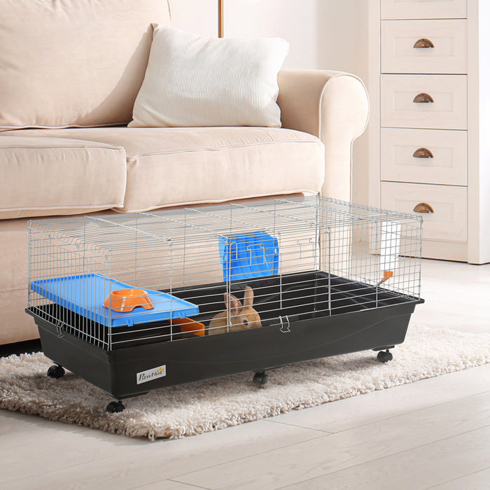 Pawhut 47\" Small Animal Cage, Rolling Bunny Cage, Guinea Pig Cage With Food Dish, Water Bottle, Hay Feeder, Platform, Ramp For Ferret Chinchilla, Black