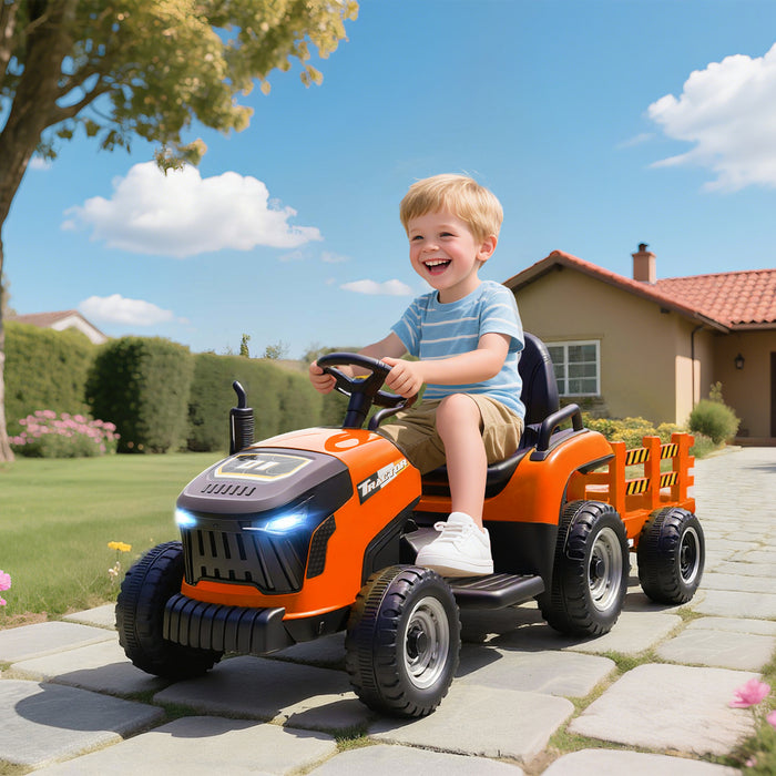 Qaba Kids Ride On Tractor With Trailor, 12v Battery Powered Ride On Car With Remote Control, Music, Lights, Shifter, Electric Vehicle For Kids Ages 3-8 Years, Orange