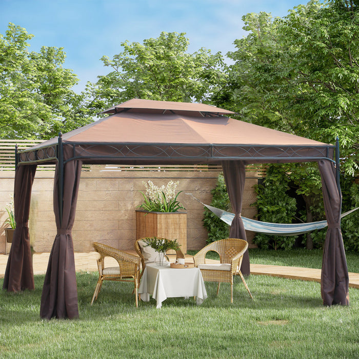 Outsunny 10x13ft Garden Gazebo Double-tiered With Curtain Outdoor Shelter Backyard Canopy Coffee