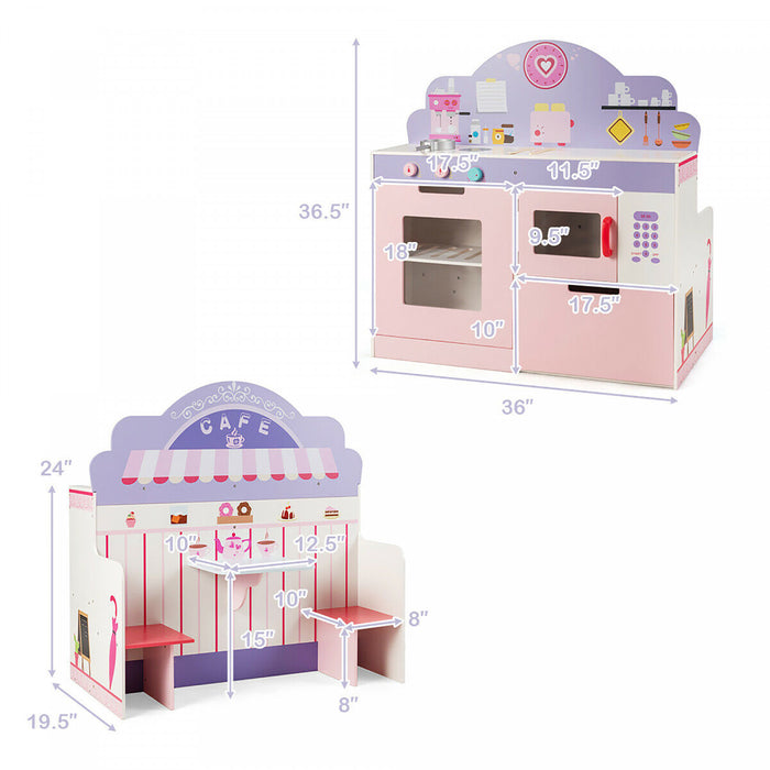 Costway 2 In 1 Kids Play Kitchen & Cafe Restaurant Wooden Pretend Cooking Playset Toy