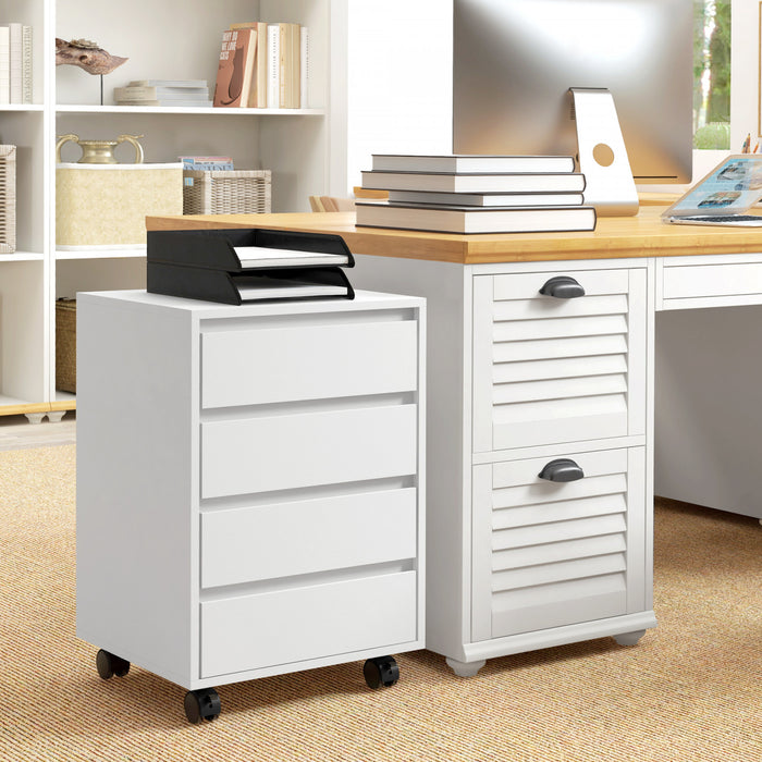 HOMCOM 4 Drawer File Cabinet, Filing Cabinet with Lockable Wheels, White