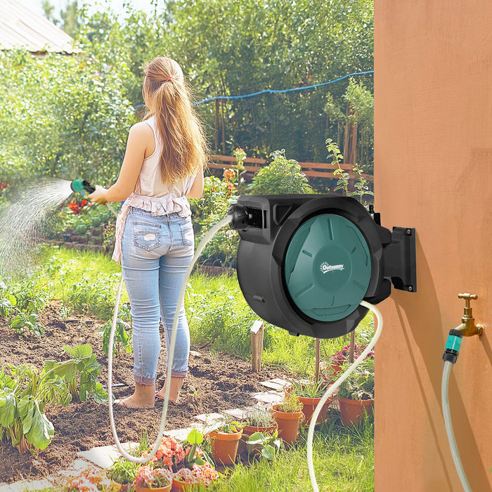 Outsunny Retractable Garden Hose Reel, 1/2 in x 65ft Wall Mounted Water Hose Reel with 7- Function Sprayer Nozzle, Auto Rewind, Any Length Lock, 180° Swivel Bracket, Blue