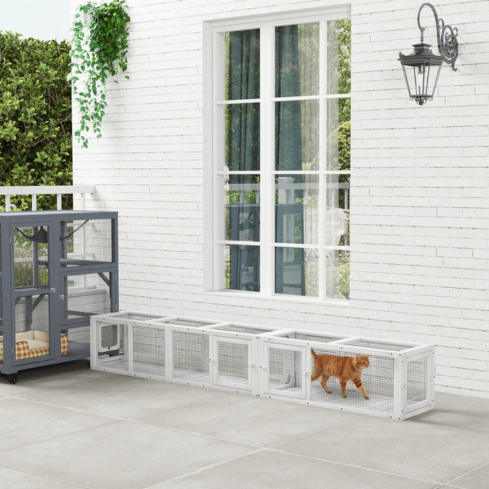 PawHut Cat Tunnel, Outdoor Cat Enclosure with Combinable Design, 8 Doors, 98\" Kitty Toys for Puppy, Pet, House, Window, Cage, White