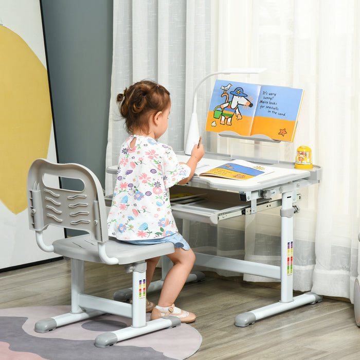 Qaba Kids Desk And Chair Set Height Adjustable Student Writing Desk Children School Study Table With Tilt Desktop, Led Lamp, Pen Box, Drawer, Reading Board, Cupholder, Grey