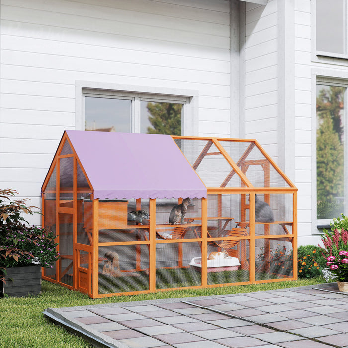 Pawhut Catio Outdoor Cat Enclosure Wooden Feral House With Weatherproof Canopy, Bridges, Resting Boxes, Platforms, For 3-6 Cats, Orange