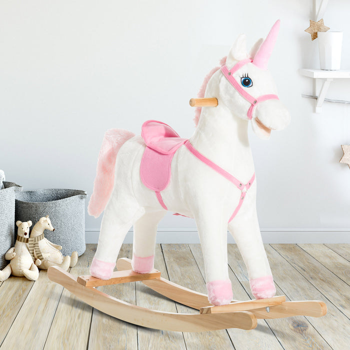 Qaba Kids Plush Toy Rocking Horse Unicorn With Realistic Sounds, White & Pink