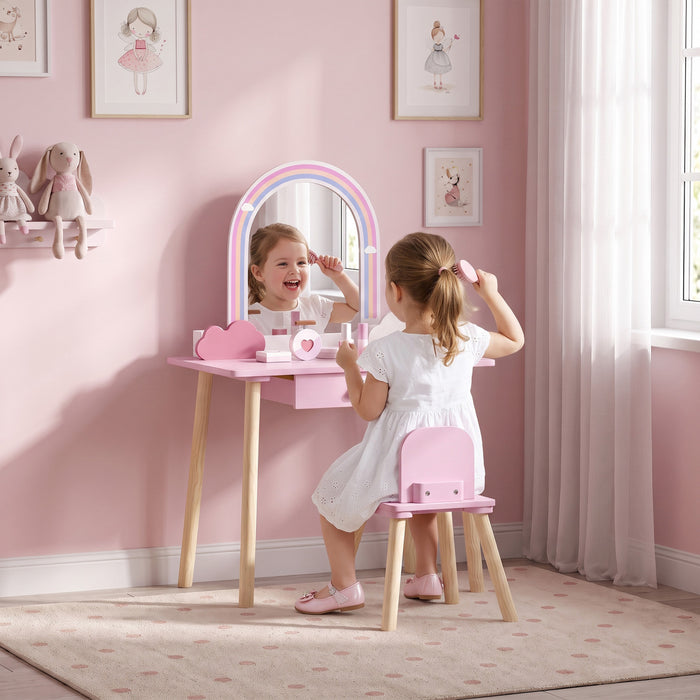 Qaba Kids Vanity Set, Makeup Vanity Table with Mirror and Stool, Storage Drawer, 7-Piece Accessories, Cloud-Design Pretend Makeup Toy for Girls 3-6 Years, Pink