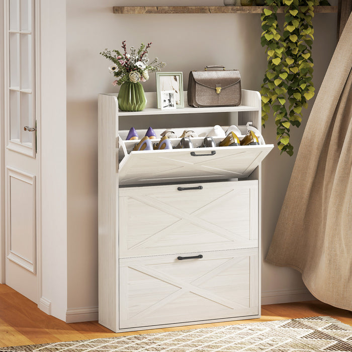 HOMCOM Narrow Shoe Cabinet Farmhouse Shoe Storage Cabinet White Oak