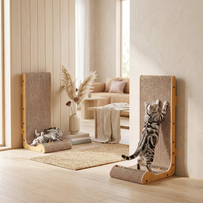 PawHut Cardboard Cat Scratcher, 57.5H CM L Shape Vertical 2PCS Cat Scratching Pad with Ball Cat Toy, Catnip, Large Scratching Board for Indoor Kittens