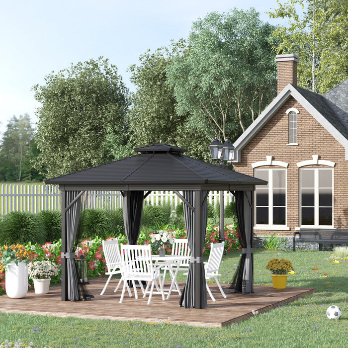 Outsunny 10' X 10' Hardtop Gazebo, Aluminum Frame Garden Sun Shelter With Double Tier Metal Roof, Mosquito Netting, Curtains, And Hanging Hook, Grey