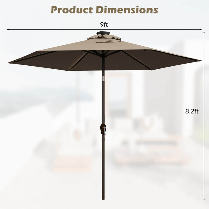 Costway 9' Solar LED Lighted Patio Market Umbrella Tilt Adjustment Crank Lift Tan
