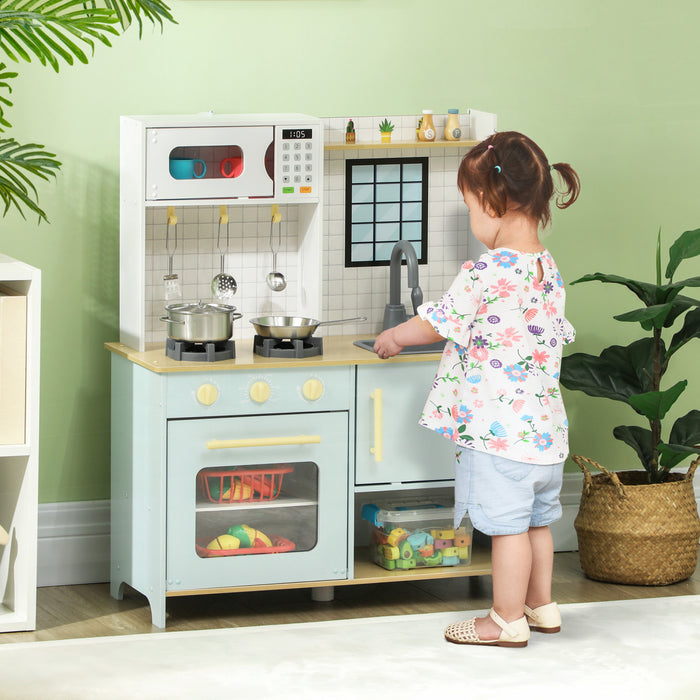Qaba Play Kitchen, Kids Kitchen Playset With Stove Microwave Oven Turning Knobs, Pretend Play Kitchen With Cooking Accessories, Gift For Boys And Girls Aged 3+ Years