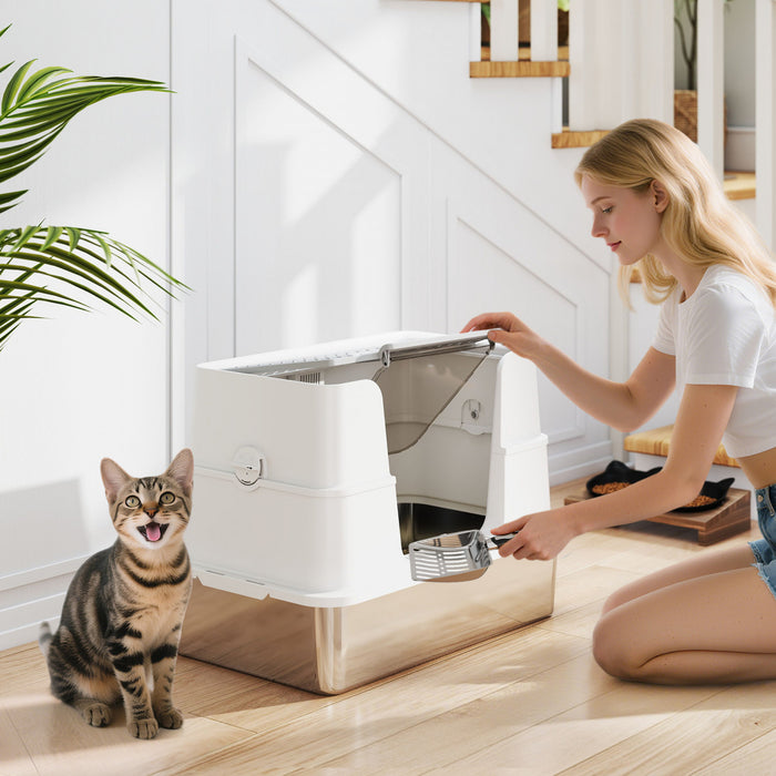 Pawhut Stainless Steel Litter Box With Lid, 100° Flip Top Xl Enclosed Litter Box With Scoop For Big Cats, Side Top Dual Entry, Odor Free, Easy Cleaning, Anti-urine Leakage