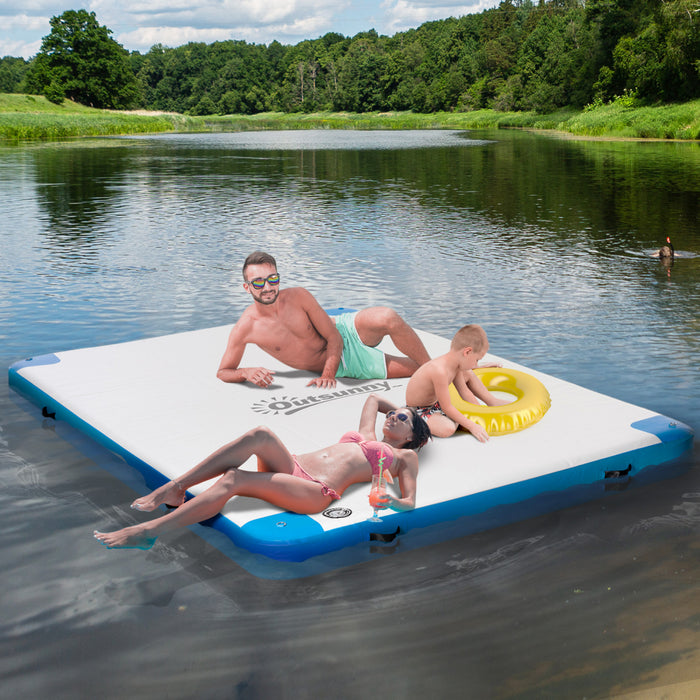 Outsunny 10' x 7' Water Inflatable Floating Dock, Rafting Platform Island, Large Mat with Air Pump & Backpack, for Pool, Beach, Ocean, Blue