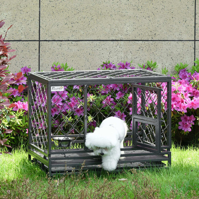 Pawhut Heavy Duty Dog Crate, Metal Dog Kennel Cage With Wheels, Openable Top, Removable Tray, Stainless Steel Bowl, For Small, Medium, Large Dogs, 36.4\" X 24.4\" X 31.1\"