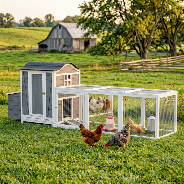 PawHut 118\"L Chicken Coop, Large Wooden Hen House with Run, Pull-Out Tray, Waterproof Roof, Nesting Box, Swing, Roosting Bars, Outdoor Chicken House for 3-4 Hens, Light Grey