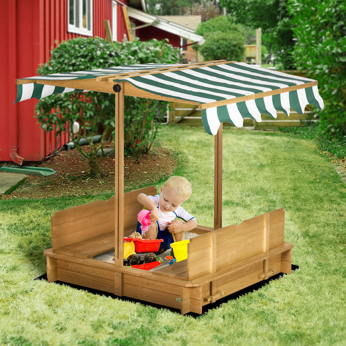 Wooden Kids Sandbox With Cover, Children Outdoor Sand Play Station With Foldable Bench Seats, Adjustable Canopy, Bottom Liner For Outdoor, Light Brown