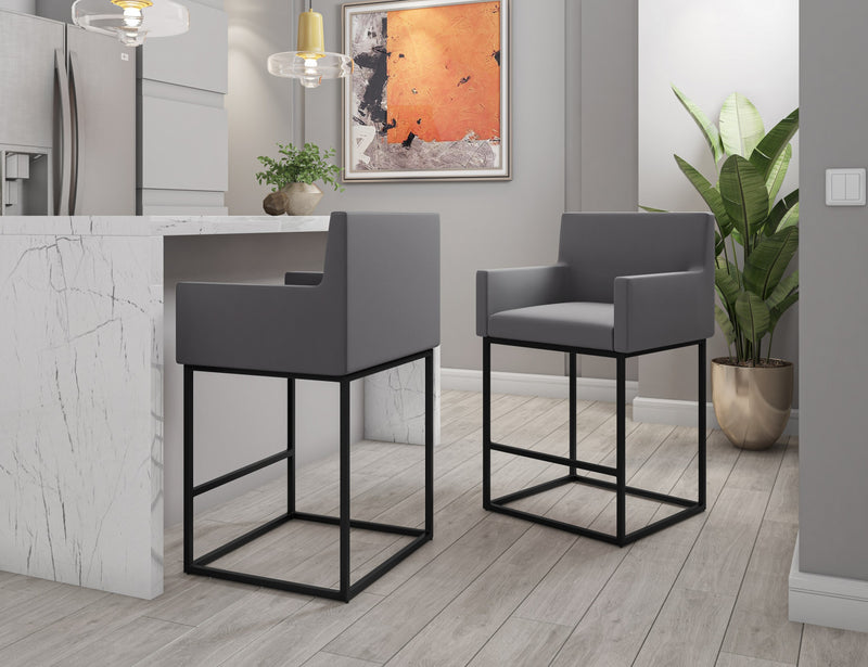 Ambassador Mid-Century Modern Metal Upholstered Counter Stool in Gray - Set of 2 Bar Stool