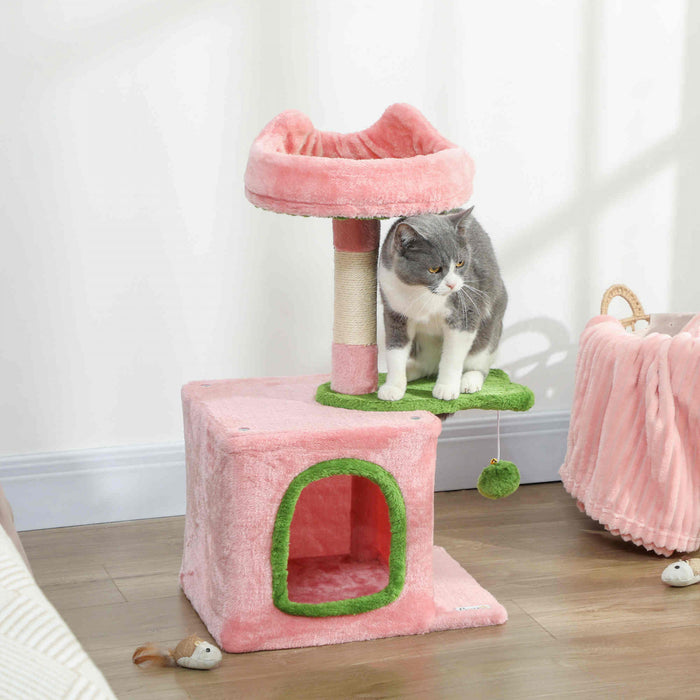 PawHut Cat Tree, 28\" Cat Tower for Indoor Kittens with Plush Top Bed, Cozy Condo, Sisal Scratching Post, Perch, Dangling Ball, Pink and Green