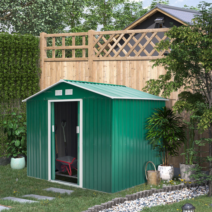 Outsunny 9' X 6' Garden Storage Shed With Floor Foundation, Metal Tool Storage House With Double Doors For Outdoor Patio Yard, Green