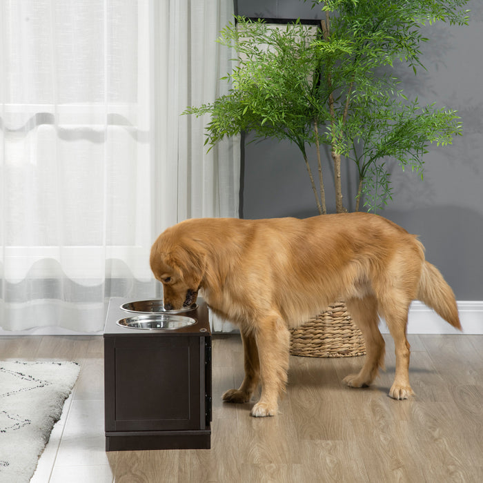 Pawhut Large Storage Stand Elevated Dog Bowls, Elevated Dog Food Storage Cabinet With 2 Stainless Steel Bowls, Brown