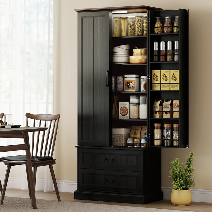 HOMCOM 72\" Kitchen Pantry Cabinet with LED Light and Door Shelves, Black