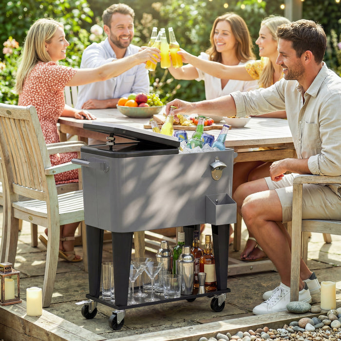 Outsunny Rolling Patio Cooler Cart, Patio Cooler with Drain, Black and Grey