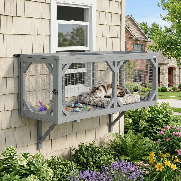 PawHut Cat Tunnel, Wooden Catio Outdoor Cat Enclosure with 2 Doors and Extendable Design, Wall-Mounted Pet Run for Indoor/Outdoor Use, Grey