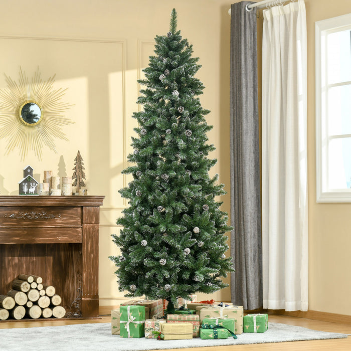 Homcom 7.5ft Flocked Christmas Tree With Pine Cones And Metal Base, Green