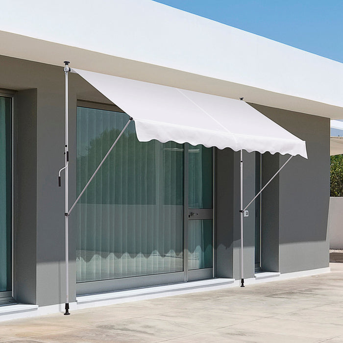 Outsunny 10x5ft Manual Retractable Awning, Patio Sun Shade Canopy Shelter With 5.6-9.2ft Support Pole, Water Resistant Uv Protector, For Window, Door, Porch, Deck, White