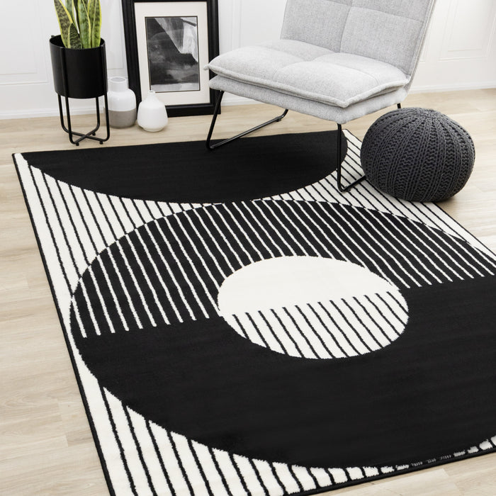 Florence Black White Stripes and Hollow Circle Modern Design, 7'6\" x 9'6\" Indoor Area Rug