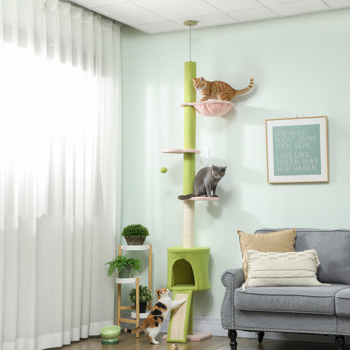 PawHut Floor to Ceiling Cat Tree, 5-Tier Cat Tower Adjustable Height 87\"-94.5\" with Sisal Scratching Post, Condo, Hammock, Ramp, Perches, Climbing Activity Center for Indoor Kitten