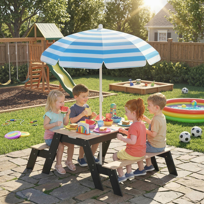 Qaba Kids Picnic Table with Umbrella, 3 in 1 Wooden Sand & Water Table with 2 Hidden Play Boxes, Kids Outdoor Activity Table and Bench Set for Backyard, Ages 3-6, Natural Wood