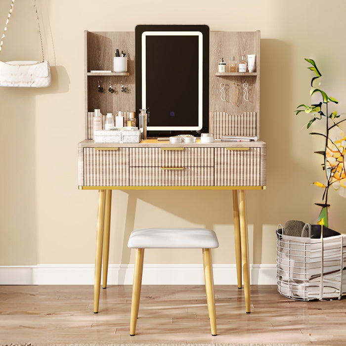 Isabella 4-Drawer Vanity Table Set with LED Mirror and Metal Legs,Yellow Brown Mirror Cabinet