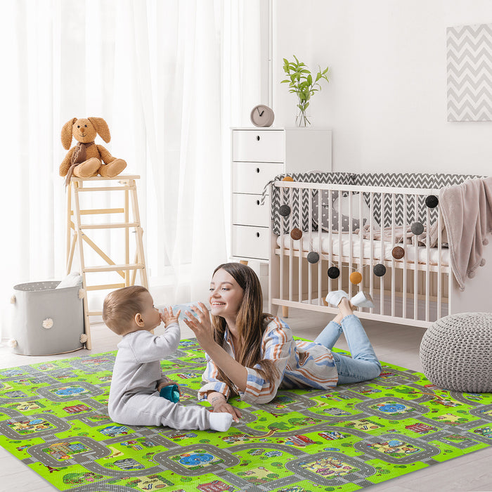 Qaba Kids Foam Puzzle Floor Tiles Baby Toddler Play Mat 36pcs W/ 24 Side Mat Anti-slip Crawling Learning With End Border Playground Pattern 35sqft Eva