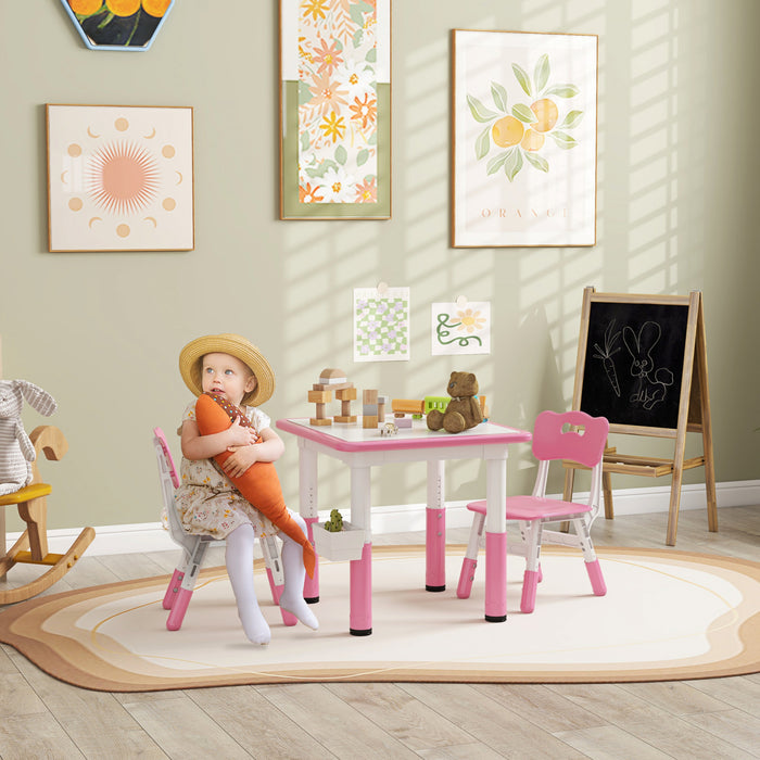Qaba 3 Pieces Kids Table And Chair Set, Height Adjustable Toddler Table And Chair Set, Activity Table And Chair Set With Storage, For Playroom, Nursery, Classroom, Pink