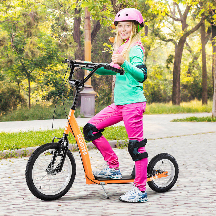 Aosom Kids Scooter For Age 5+, Youth Kick Scooter With Adjustable Handlebar, Front And Rear Dual Brakes, Inflatable Wheels, Orange