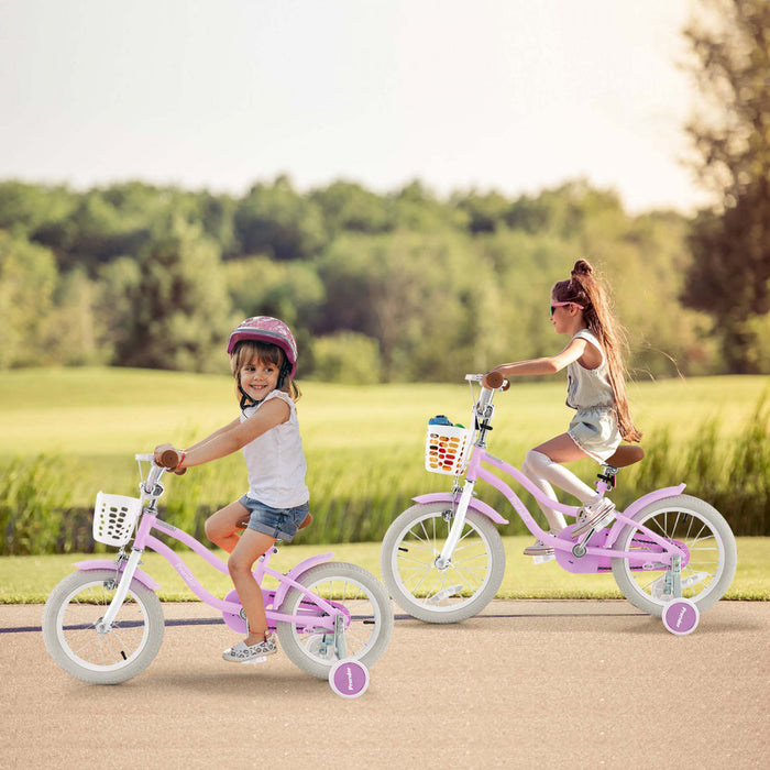 Costway 14\" Kid's Bike With Removable Training Wheels & Basket For 3-5 Years Old Purple