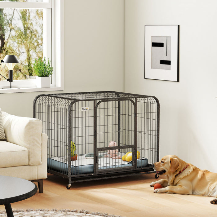 PawHut 43 Inch Heavy Duty Dog Crate, Large Metal Dog Cage with Lockable Wheels and Removable Tray for Small Medium Large Breeds, Puppy Playpen for Indoor Outdoor, Black
