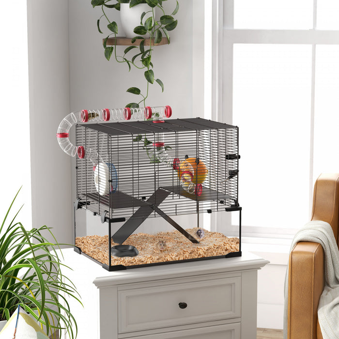 Pawhut Hamster Cage, Small Animal House With Deep Glass Bottom, Tunnel Tube System, Ramps, Platforms, Hut, Exercise Wheel, Water Bottle, Dish, 24\" X 16\" X 22\"