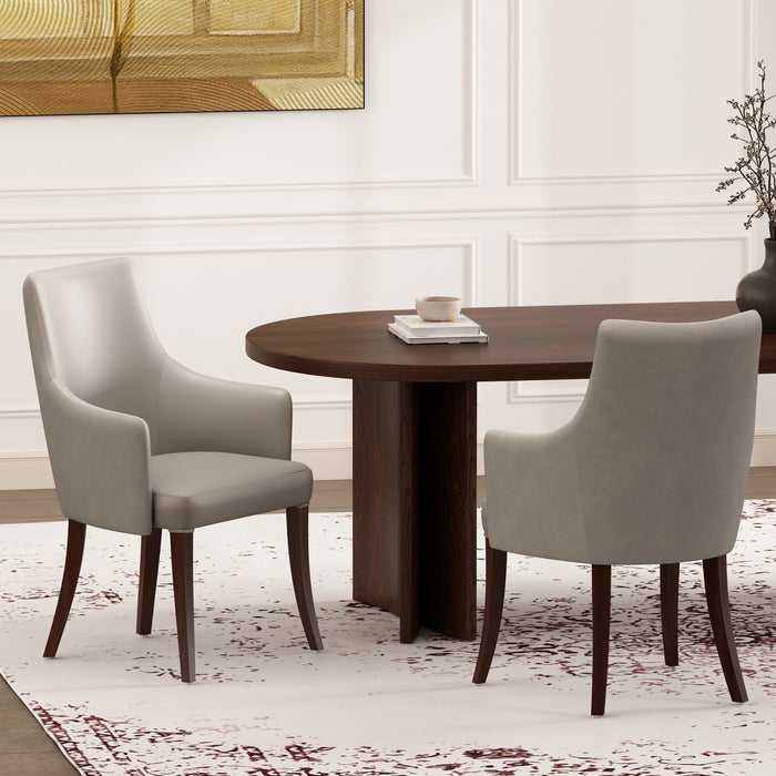 Connie Modern Vegan Leather and Velvet Wood Armchair in Light Gray - Set of 2 Dining Chair