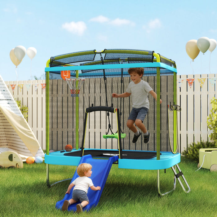 Qaba 70\" x 47\" Trampoline for Kids, Indoor & Outdoor Toddler Trampoline with Slide, Swing, Basketball Hoop, Ladder and Safety Enclosure, Gift for Boys & Girls, Light Blue