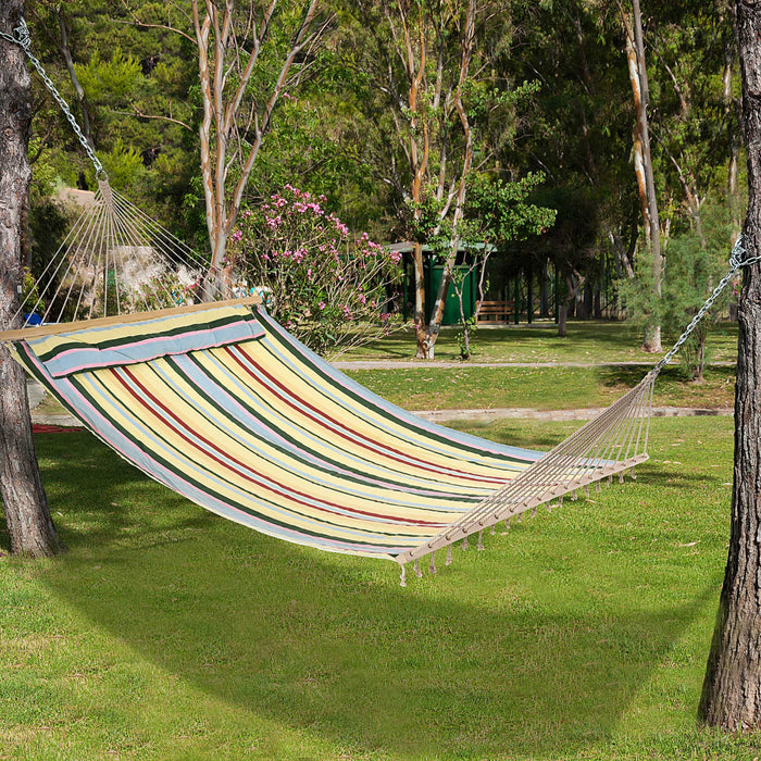 Outsunny 83\" Patio Double Hammock, Wide Outdoor Hammock Bed Striped Fits 2 People Sunbed Camping Hang Sleep W/ Pillow, Red Stripe